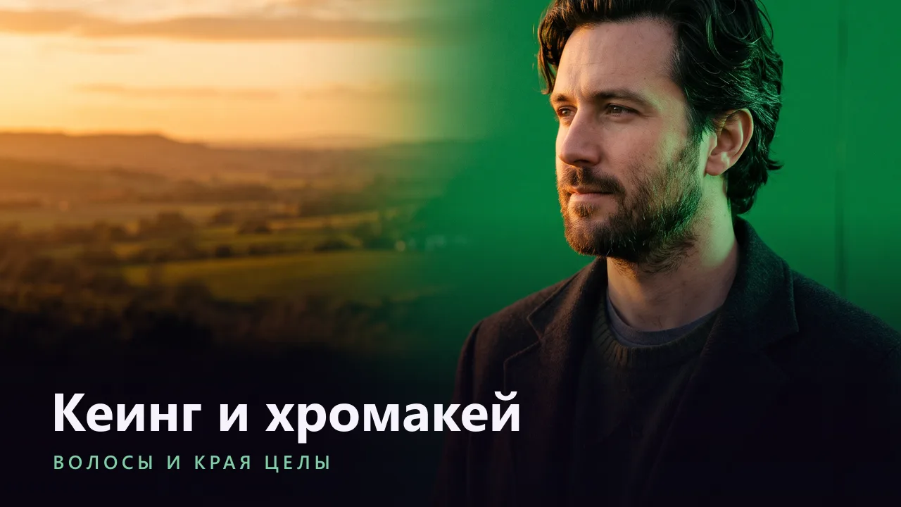 Обложка курса «Кеинг и хромакей»: мужчина в три четверти у зелёного экрана, который слева переходит в закатный пейзаж