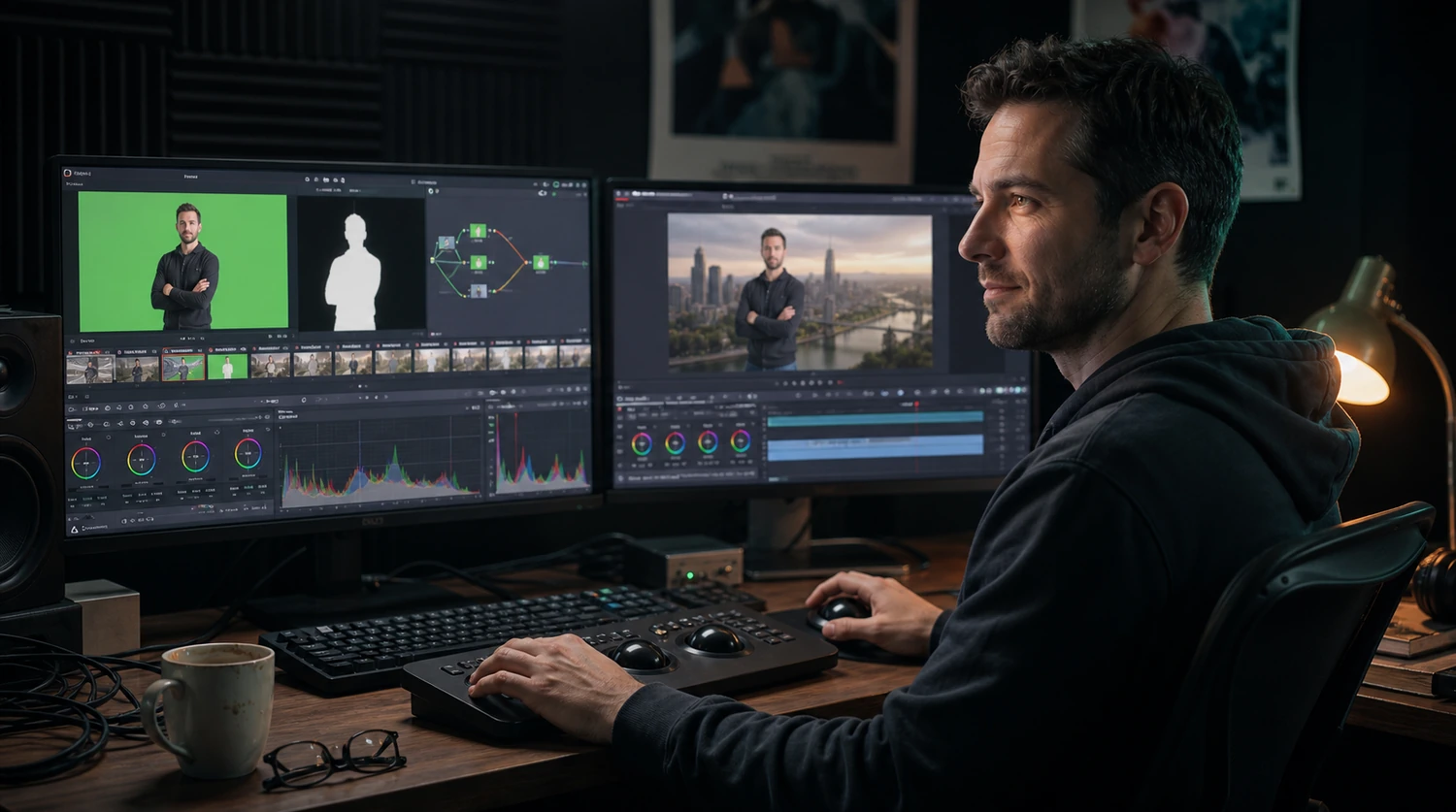 Монтажёр ночью чистит хромакей в DaVinci Resolve и ждёт рендер