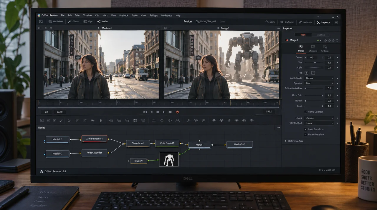 Работа над VFX в Fusion: кадр до и после добавления робота
