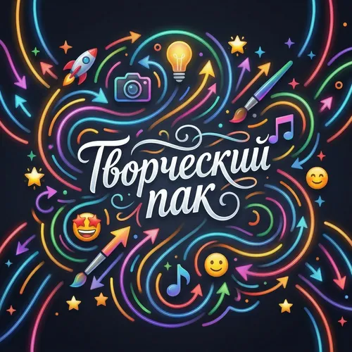 Обложка «Творческого пака»: рукописная надпись в переплетении разноцветных неоновых линий, стрелок, звёзд и иконок камеры, кисти и ноты