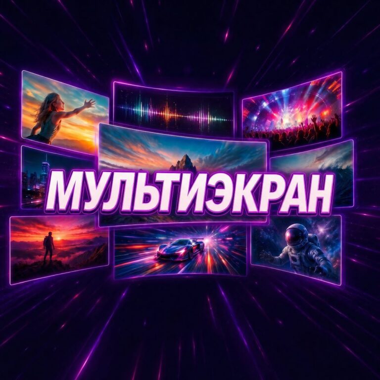 Обложка пака «Мультиэкран»: девять экранов с разными кадрами в фиолетовом неоне