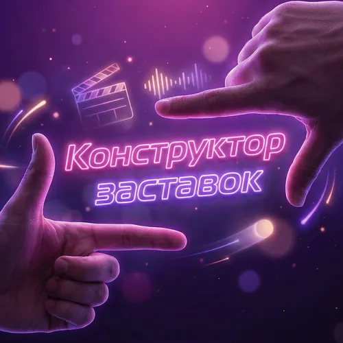 Обложка пака «Конструктор заставок»: две руки складывают кадр-рамку, внутри неоновая надпись, хлопушка и звуковая дорожка