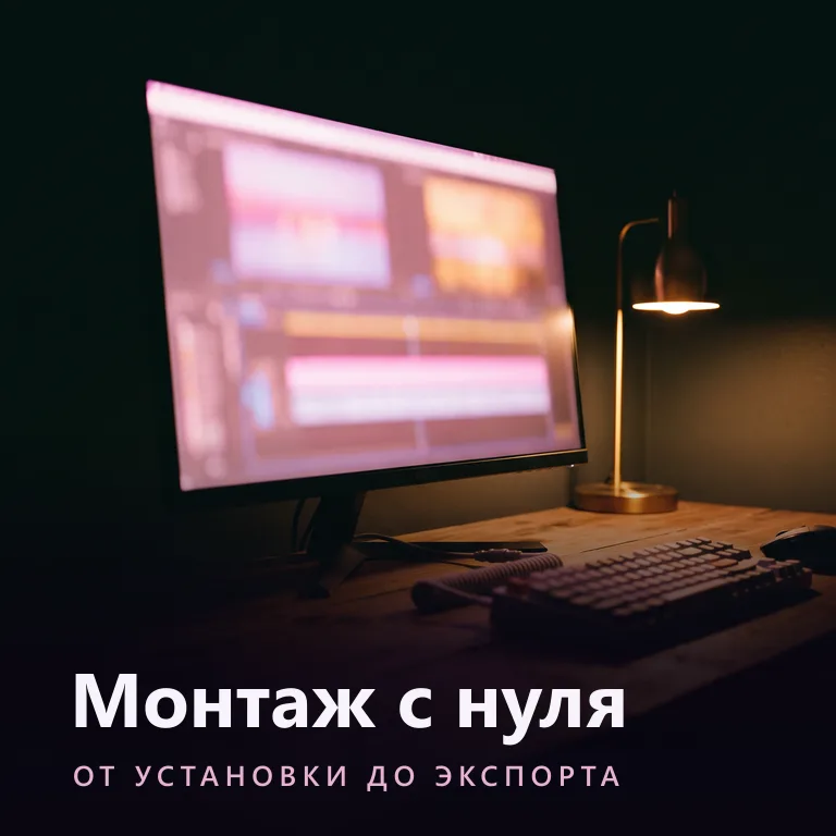 Обложка курса «Монтаж с нуля»: монитор на деревянном столе в тёмной комнате, экран светится розовыми и янтарными полосами таймлайна, рядом настольная лампа; внизу надпись «Монтаж с нуля — от установки до экспорта»
