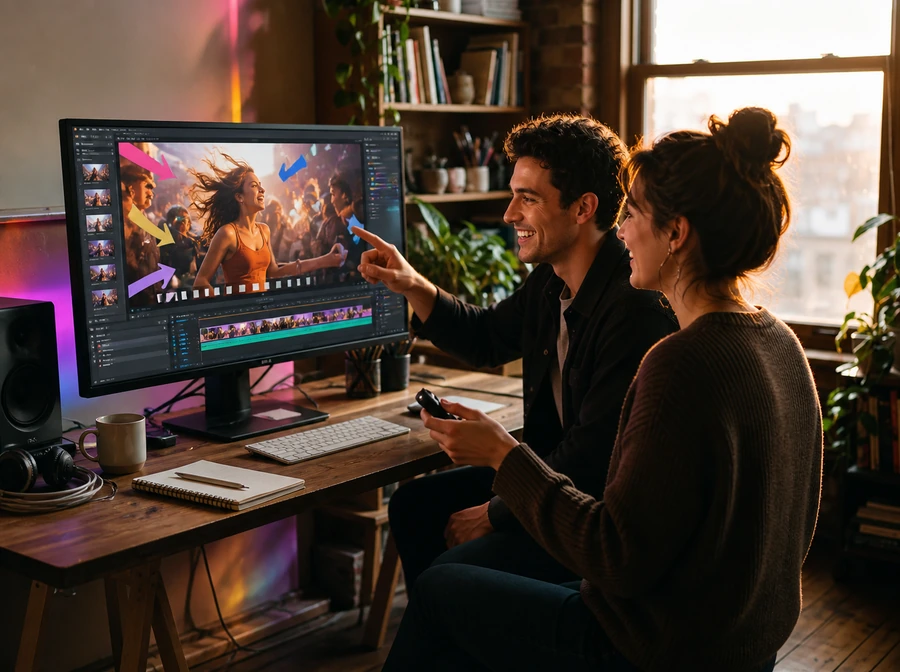 Двое улыбающихся монтажёров обсуждают яркое оформление ролика в DaVinci Resolve