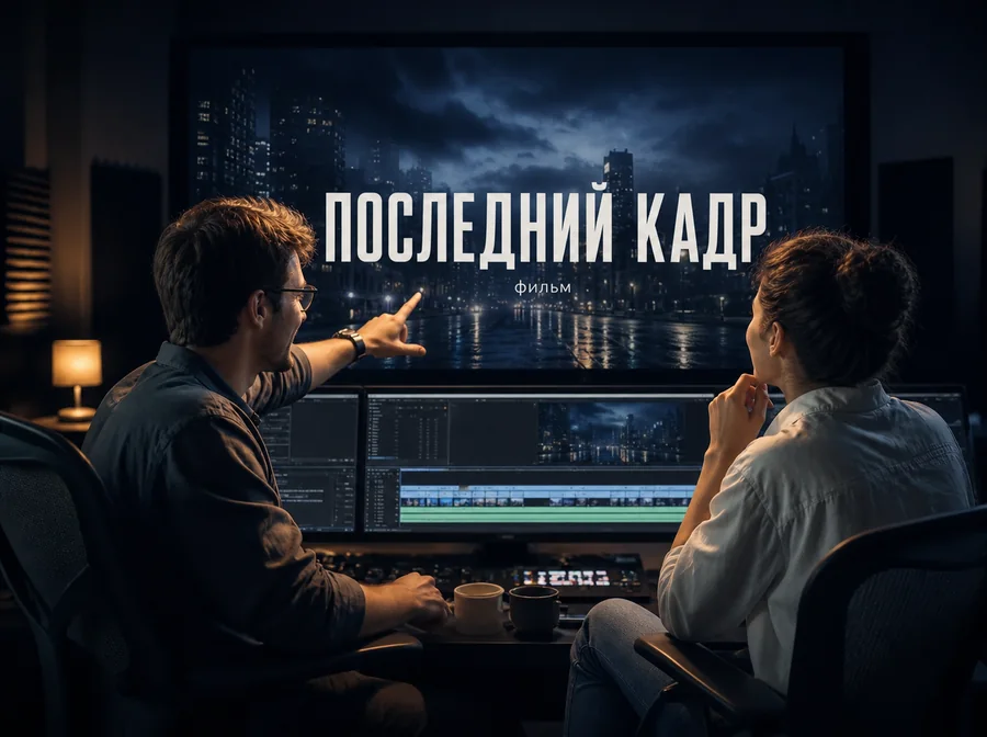 Монтажёр и его коллега обсуждают титульную заставку «Последний кадр»