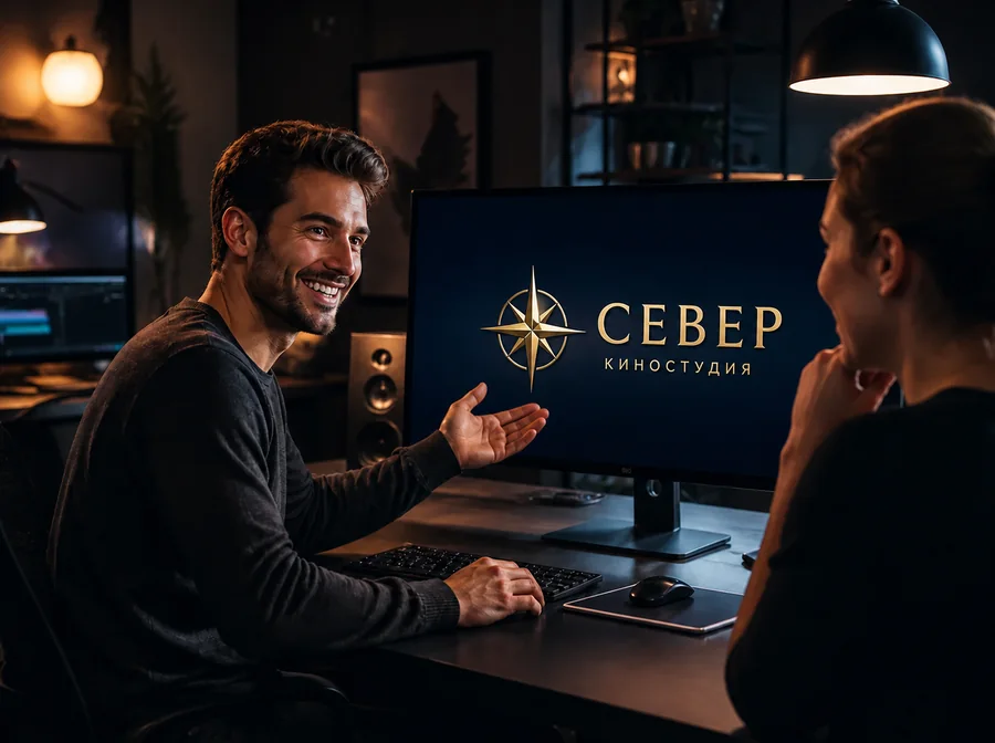 Дизайнер показывает клиенту заставку с логотипом киностудии «Север»